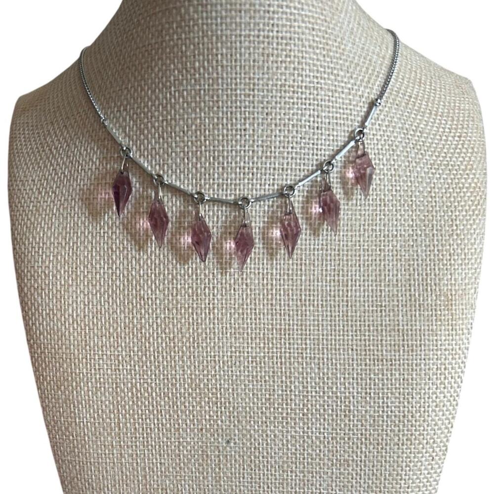 Mid-Century Lavender Glass Drop Necklace | Geometric Crystal Necklace 18 Inch